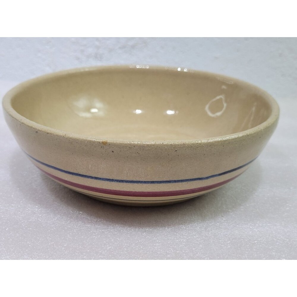 Robinson Ransbottom Pottery Bowl USA Roseville OH Mauve Blue Stripe Tan 6-3/4"